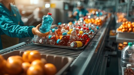 Poster - automated conveyor belt system moving a variety of recycled plastic bottles with holographic trackin