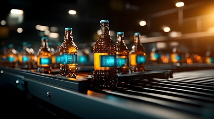 Poster - conveyor belt transporting plastic bottles with advanced holographic tracking displays for efficient