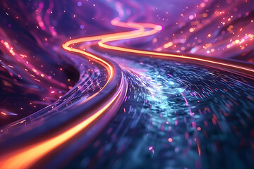 Fototapete - Futuristic neon light trails on digital highway