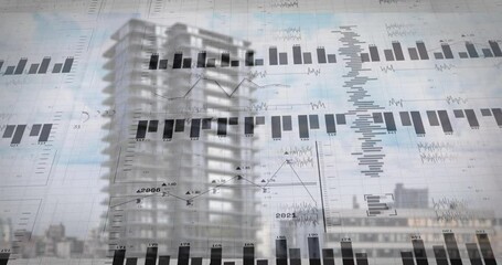 Aufkleber - building frame rising through financial charts, line charts overlaying scaffolding and year axes