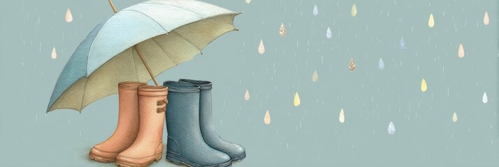 Poster - colorful umbrella and boots illustration creating a cheerful rain-themed atmosphere in pastel tones 