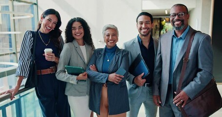 Poster - Face, team and happy business people in office for cooperation, about us and investment banking. Portrait, diverse group and confident workers together for finance, solidarity and corporate workforce