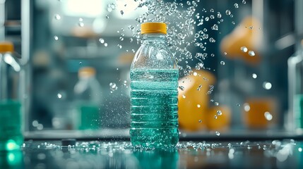 Poster - transparent plastic bottles being processed and sorted for recycling with water droplets and splashe
