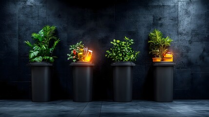 Poster - rows of dark recycling bins with digital displays showing recycling rates surrounded by lush green p