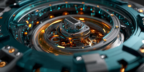 Poster - Close-up of intricate teal and gold metallic mechanism, showcasing gears and lights, symbolizing precision, innovation and technology, ideal for engineering or futuristic concepts