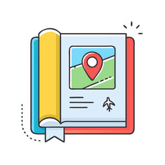 Poster - Open travel guide book with map location pin and airplane icon for vacation planning and adventure