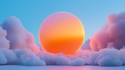 Poster - Orange Sphere Floating on Pastel Cloudscape 3D Render