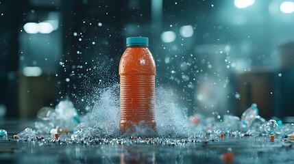 Poster - A photograph of a transparent futuristic plastic bottle or container surrounded by a high tech holographic control system monitoring its production and packaging process in a futuristic