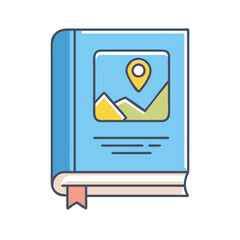 Poster - Blue travel journal book with location pin and mountain landscape adventure travel guidebook vector