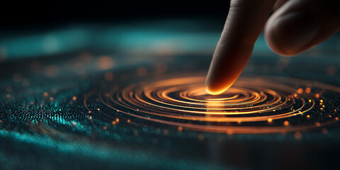 Poster - fingertip touching a glowing circular interface, creating concentric ripples of light, showcasing te