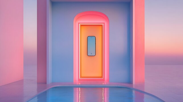 Pink and Orange Neon Lights Illuminate Modern Archway Entrance to Pool