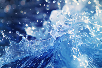 Poster - Detailed macro shot of a vibrant blue water splash with sparkling droplets