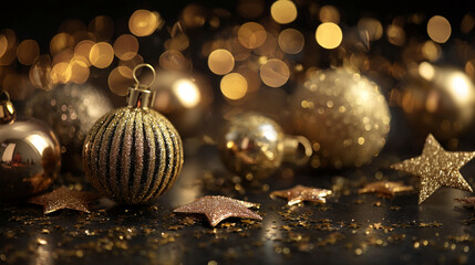 Poster - Golden Christmas ornaments and stars on dark background, bokeh lights, festive decoration, symbolizing celebration, joy, and luxury