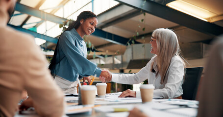 Aufkleber - Happy, colleagues and handshake for meeting, creative and recognition for design in boardroom and team. Congratulations, boss and shaking hands with employee for project, graphic designer and people