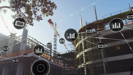 Poster - Concrete building rising with crane and scaffolding as digital icons connecting data network