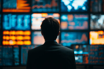 Poster - Man in suit views numerous screens displaying data graphs, showcasing business analytics and market monitoring, representing financial analysis and decision-making