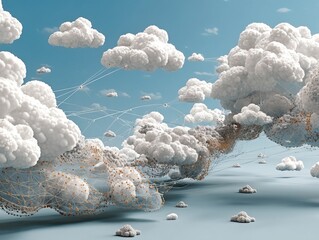 Fototapete - A Surreal Representation of Clouds Interconnected by Network Lines in a Blue Sky