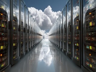 Fototapete - Futuristic Data Center with Cloud Reflections and High-Tech Server Racks