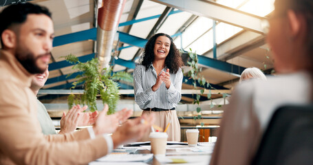 Aufkleber - Applause, laughing and group with success, boardroom and celebration for achievement in meeting or team. Creative, clapping and proud of positive feedback for project, happiness or people in business