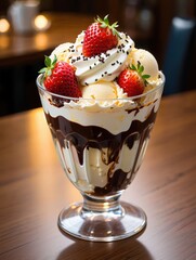 Aufkleber - A chocolate ice cream sundae in a glass bowl, topped with whipped cream, strawberries, and chocolate shavings.