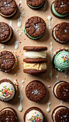 Poster - A collection of chocolate chip cookies with various toppings, including sprinkles and frosting, arranged on a wooden surface.