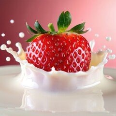 Poster - A ripe strawberry with a red stem and green leaves on top, surrounded by white milk foam in a white bowl.
