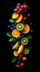Poster - A vibrant display of fresh fruits arranged in a curved pattern against a dark background.