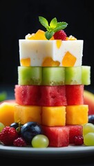 Poster - A stack of colorful fruit skewers on a plate, topped with fresh berries and mint leaves.