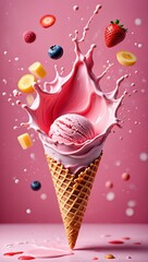 Poster - A scoop of ice cream in a cone, surrounded by splattered pink liquid, with various colorful fruits and candies.