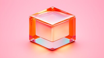 Poster - Translucent Orange Glass Cube on Pink Background