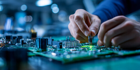 Poster - Close-up of hands installing component on circuit board, showcasing precision and detail in electronics manufacturing, representing technological advancement and innovation