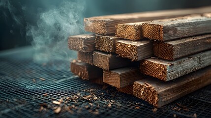 Poster - a stack of weathered reclaimed wood beams moving along a conveyor belt surrounded by a digital visua