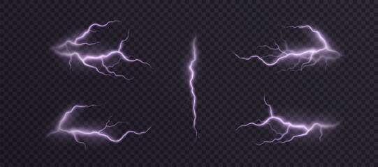 Poster - Electric lightning bolts in glowing purple style on dark transparent background. Perfect for energy effects, fantasy powers, and game animation visuals.

