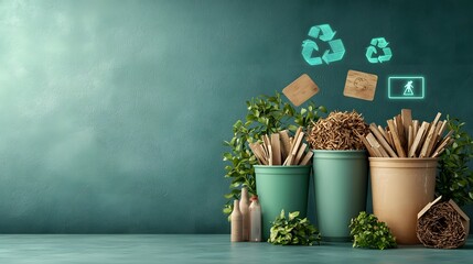 Aufkleber - An arrangement of various recycling bins filled with wood waste such as sawdust shavings and twigs displayed under floating holographic signage against a neutral background