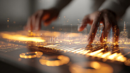 Poster - fingers interact with a glowing digital interface, overlaid with a cityscape at night, suggesting te