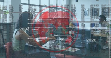 Poster - coworkers analyzing cybersecurity data in office, showing digital globe and code streams