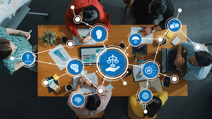 Poster - A diverse group of professionals engaging in a collaborative meeting focused on ethics and technology, discussing artificial intelligence and legal frameworks for responsible data management. Amity