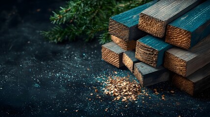 Poster - A stack of weathered discarded wooden beams arranged in an organized manner with copy space for design or promotional use