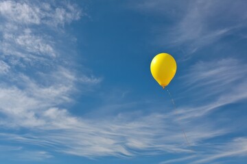 Poster - Bright Yellow Balloon Floats Serenely Against a Clear Blue Summer Sky With Soft Clouds Providing a Picturesque Backdrop Generative AI