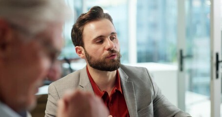 Poster - Meeting, teamwork and talking with business people in office for accounting review, audit feedback or discussion. Planning, portfolio manager or collaboration with men in finance agency for report