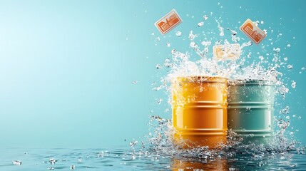 Poster - Vibrant chemical barrels surrounded by splashing water and illuminated by futuristic holographic recycling symbols with ample copy space