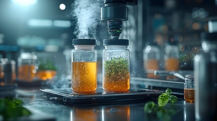 Poster - two glass containers filled with colored liquids and vapor sitting on a dark surface being scanned b