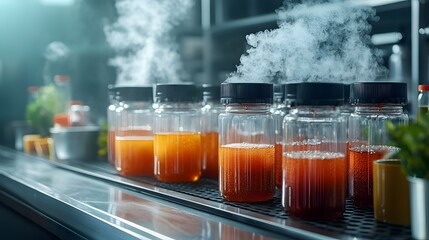 Poster - A laboratory setup with various chemical containers and beakers being scanned and analyzed using advanced holographic display technology