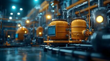 Poster - a complex industrial plant with an array of vessels pipes and valves engaged in the recycling and pr