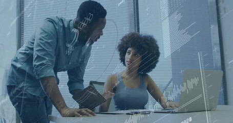 Poster - woman and man collaborating at desk in business office, showing animated charts and data overlays