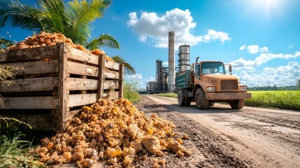 Poster - an industrial chemical recycling facility with a large truck transporting waste materials through a 