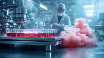 Poster - A high tech laboratory equipped with advanced and protective gear managing the processing and disposal of chemical residues using holographic monitoring and analysis technology