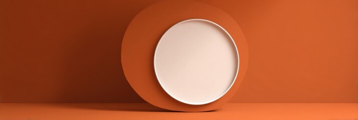 Fototapete - Muted Orange Backdrop With a Centered White Oval Plate on Display Against a Clean Background Generative AI