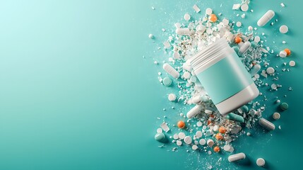 Poster - Shattered glass beakers and test tubes scattered with chemical residue organized under a floating holographic display of categories leaving ample copy space on a teal background