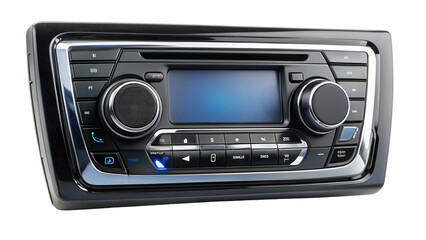 Automotive Audio System with Screen and Buttons on Black Background
